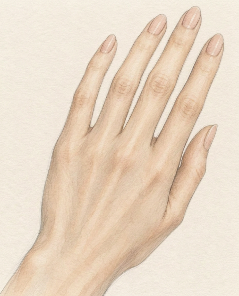 Pencil-and-watercolour sketch of a woman's bare hand, shown to scale with a diamond on the ring finger